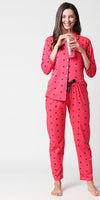 Zeyo Women Pink Heart print Stylish Night suit set