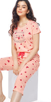 ZEYO Womens Cotton Pink Heart Printed Capri set