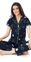 ZEYO Women's Cotton Navy Blue & Green Star Printed Stylish Night suit set