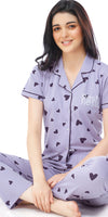 ZEYO Women's Cotton Violet Heart Printed Stylish Night suit set