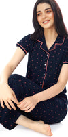 ZEYO Women's Cotton Navy Blue Flash Printed Stylish Night suit set