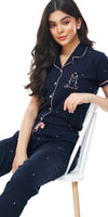 ZEYO Women's Cotton Navy Blue Dot Printed Stylish Night suit set