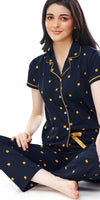 ZEYO Women's Cotton Navy Blue & Yellow Square Printed Stylish Night suit set
