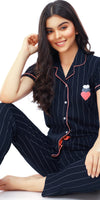ZEYO Women's Cotton Navy Blue Striped Printed Stylish Night suit set