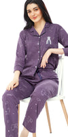 ZEYO Women's Cotton Purple Bear Printed Stylish Night suit set