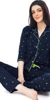 ZEYO Women's Cotton Navy Blue Star Printed Stylish Night suit set