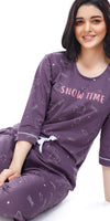 ZEYO Women's Cotton Purple Bear Printed Stylish Night suit set