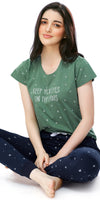 ZEYO Women's Cotton Green Star Printed Stylish Night suit set
