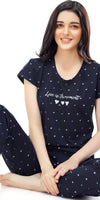ZEYO Women's Cotton Navy Blue Heart Printed Stylish Night suit set