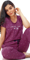 ZEYO Women's Cotton Plum Red Heart Printed Stylish Night suit set