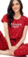 ZEYO Women's Cotton Red Printed Stylish Night suit set