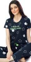 ZEYO Women's Cotton Green Star Printed Stylish Night suit set