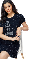 ZEYO Women Cotton Night Dress Navy Blue Multi Printed Short Nighty