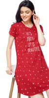 ZEYO Women Cotton Night Dress Red Multi Printed Short Nighty