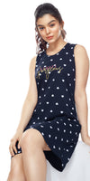 ZEYO Women Cotton Night Dress Navy Blue Heart Print Short Nighty