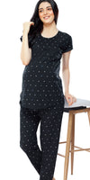 ZEYO Women Cotton Navy Blue Heart Print Maternity & Feeding Night Suit