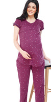 ZEYO Women Cotton Plum Red Heart Print Maternity & Feeding Night Suit