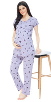 ZEYO Women Cotton Violet Heart Print Maternity & Feeding Night Suit
