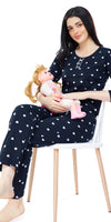 ZEYO Women Cotton Navy Blue Heart Print Nursing & Feeding Night Suit