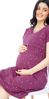 ZEYO Women Cotton Plum Red Heart Print Maternity & Feeding Night Dress