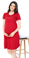 ZEYO Women Cotton Red Dot Print Maternity & Feeding Night Dress