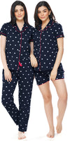 ZEYO Women's Cotton 3PCS Navy Blue Heart Printed Night suit set