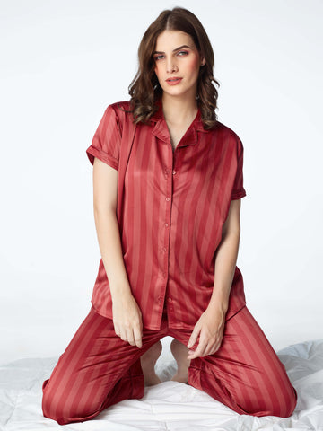 Zeyo Womens Satin Stripes Printed Night Suits Red Shirt & Pyjama set