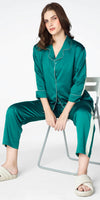 Zeyo Womens Satin Solid Plain Side Panel Night Suits Green Shirt & Pyjama set