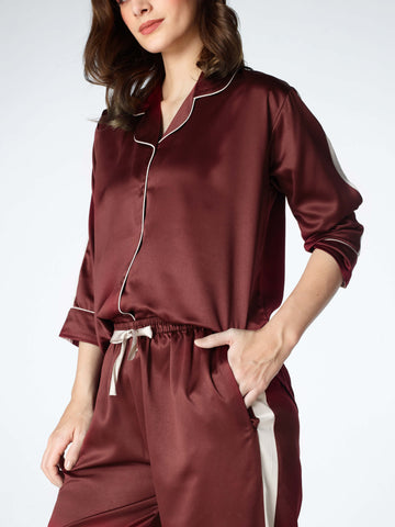 Zeyo Womens Satin Solid Plain Side Panel Night Suits Maroon Shirt & Pyjama set