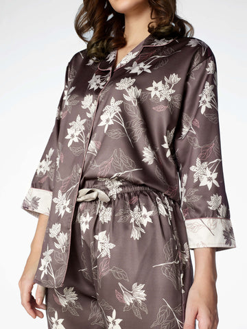 Zeyo Womens Satin Floral Printed Night Suits Brown Shirt & Pyjama set