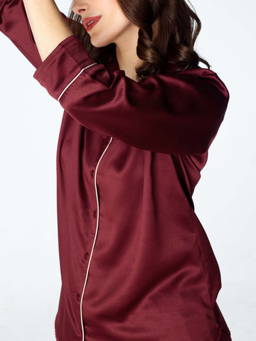 Zeyo Womens Satin Solid Plain Night Suits Maroon Shirt & Pyjama set