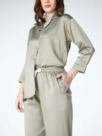 Zeyo Womens Satin Solid Plain Night Suits Olive Green Shirt & Pyjama set