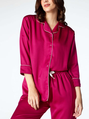 Zeyo Womens Satin Solid Plain Night Suits Cherry Pink Shirt & Pyjama set