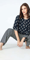 Zeyo Womens Rayon Leaf Floral Printed Night Suits Navy Blue Top Pajama set