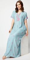 Zeyo Women Rayon Light Blue Embroidery Floral Print Nighty
