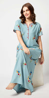 Zeyo Women Rayon Light Blue Floral Embroidery Nighty