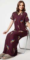 Zeyo Women Rayon Purple Floral Embroidery Nighty