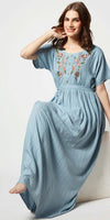 Zeyo Women Rayon Light Blue Floral Embroidery Ghera Nighty