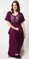 Zeyo Women Rayon Purple Floral Embroidery Ghera Nighty