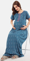 Zeyo Women Rayon Blue Stripes Print Maternity Feeding Nighty