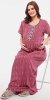 Zeyo Women Rayon Red Stripes Print Maternity Feeding Nighty