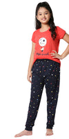 ZEYO Girl's Cotton Star Printed Red Night Suit Set of Top & Pyjama