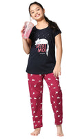ZEYO Girl's Cotton Cat Printed Navy Blue Night Suit Set of Top & Pyjama