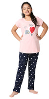 ZEYO Girl's Cotton Heart Printed Peach Night Suit Set of Top & Pyjama