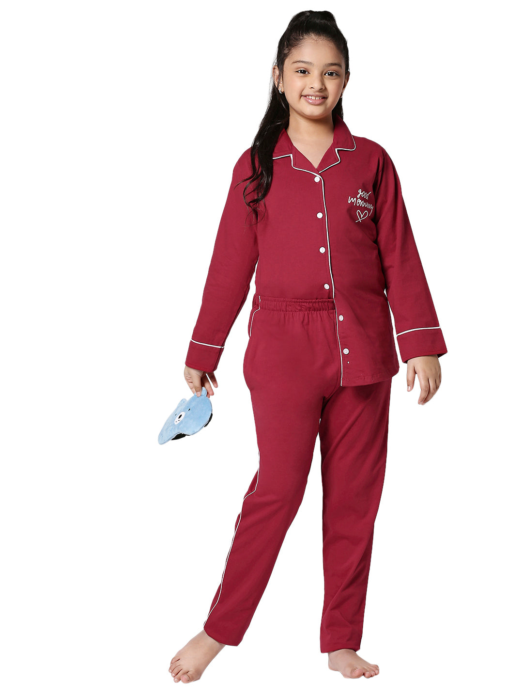 ZEYO Girl's Cotton Solid Plain Red Night Suit Set of Shirt Pyjama