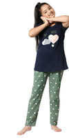 ZEYO Girl's Cotton Heart Printed Navy Blue Night Suit Set of Top & Pyjama