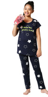 ZEYO Girl's Cotton Star Printed Navy Blue (Green) Night Suit Set of Top & Pyjama