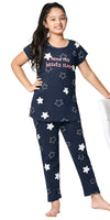 ZEYO Girl's Cotton Star Printed Navy Blue (Pink) Night Suit Set of Top & Pyjama