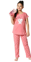 ZEYO Girl's Cotton Polka Dot Printed Pink Night Suit Set of Top & Pyjama