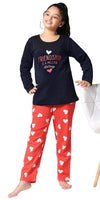 ZEYO Girl's Cotton Heart Printed Navy Blue Night Suit Set of Top & Pyjama